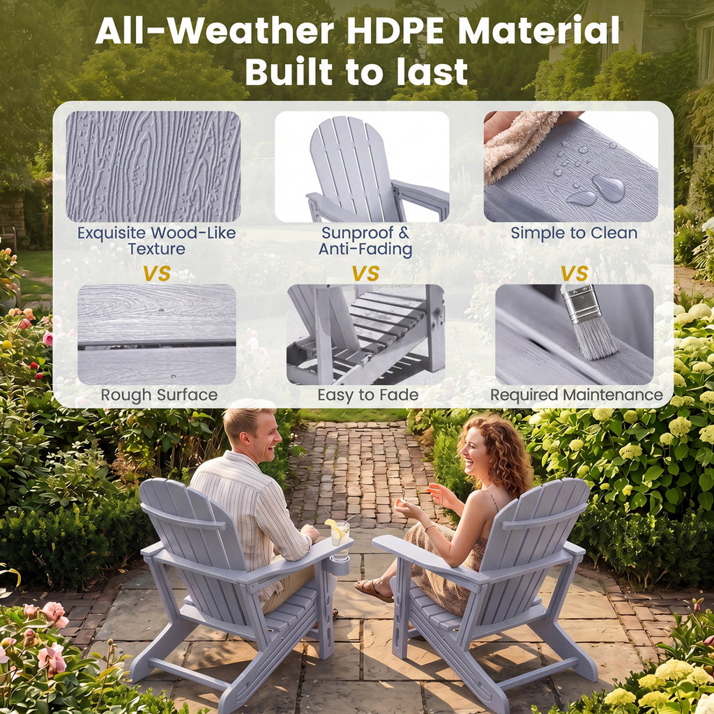 HDPE Adirondack Chair with Cup Holder and Wooden Texture for Patio