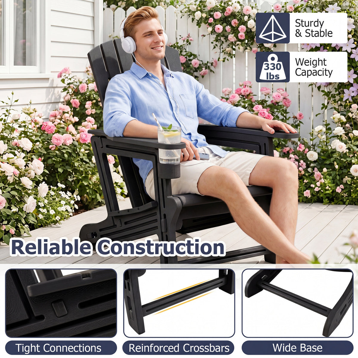 HDPE Adirondack Chair with Cup Holder and Wood-Like Texture High Back
