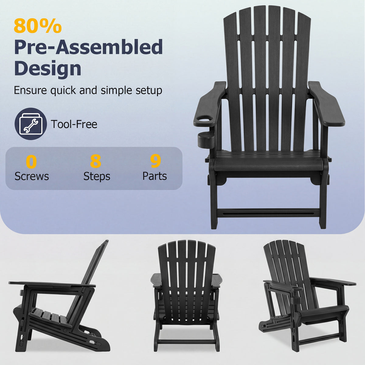 HDPE Adirondack Chair with Cup Holder and Wood-Like Texture High Back