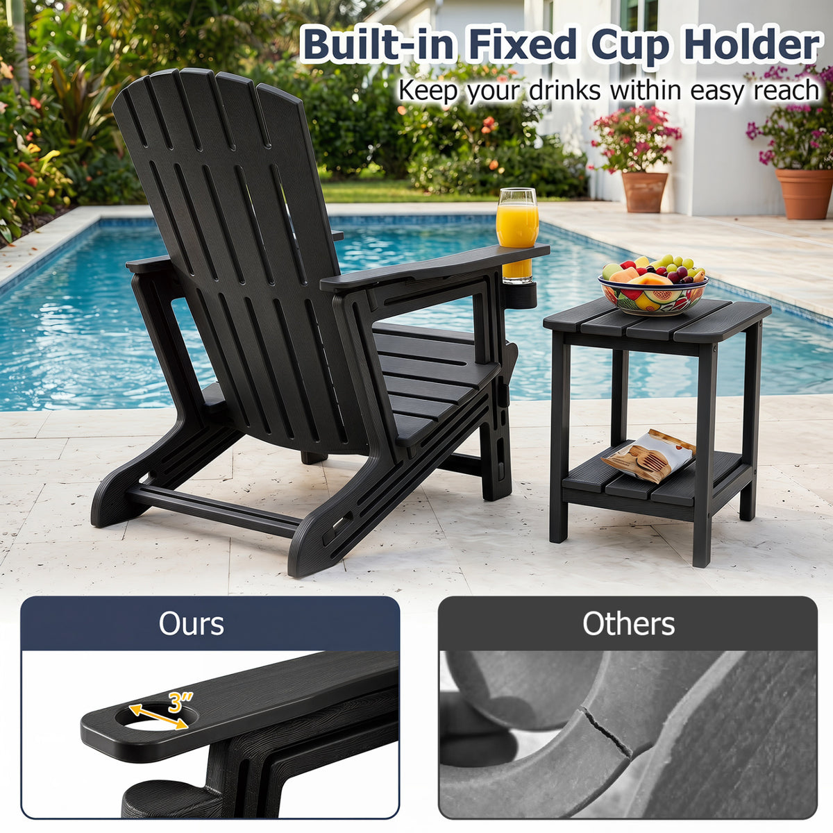 HDPE Adirondack Chair with Cup Holder and Wood-Like Texture High Back