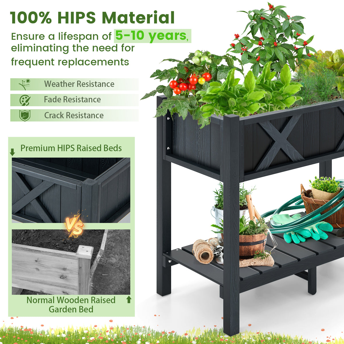 HIPS Raised Garden Bed Planter Box - 34 x 18 x 29 Inch, Black