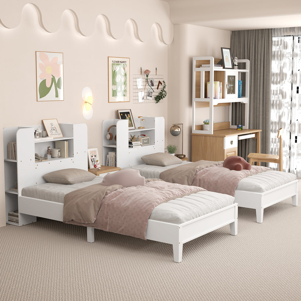 Twin Size Wooden Platform Bed Frame with Bookcase Headboard - White