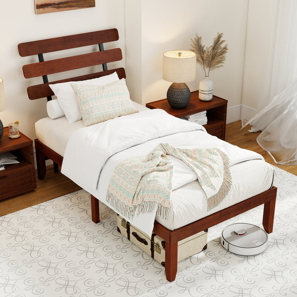 Twin Size Solid Wood Platform Bed with Retro Headboard - 15.5 Inch
