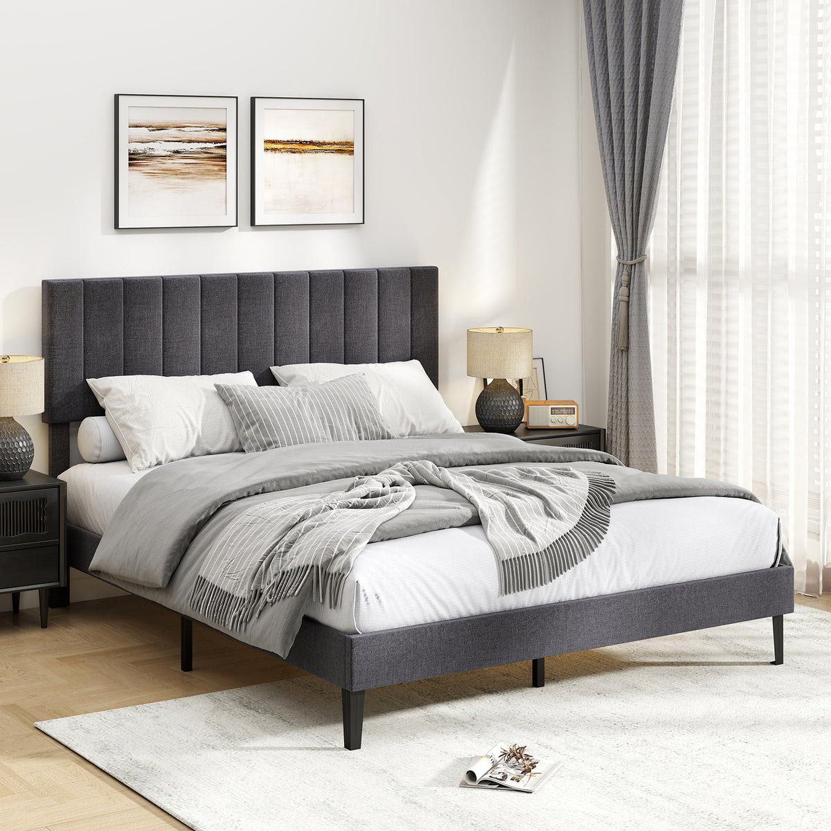 Velvet Platform Bed with Adjustable Headboard - Twin Size