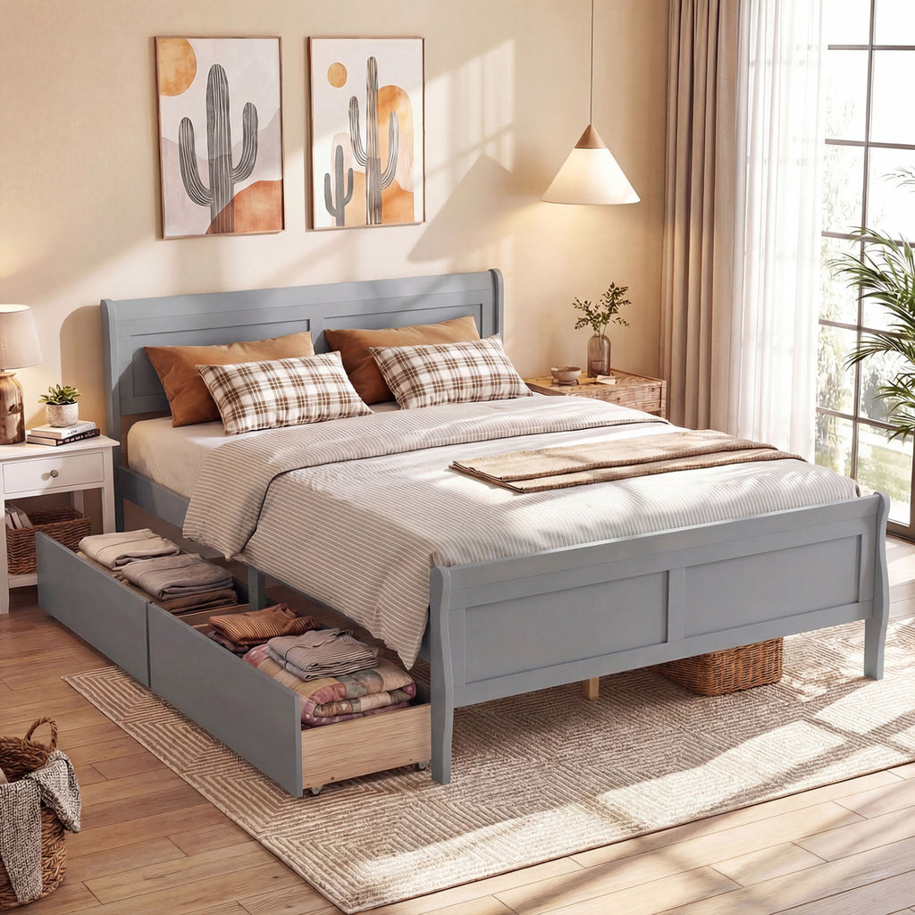 Queen Size Bed Frame with Storage Drawers - Natural