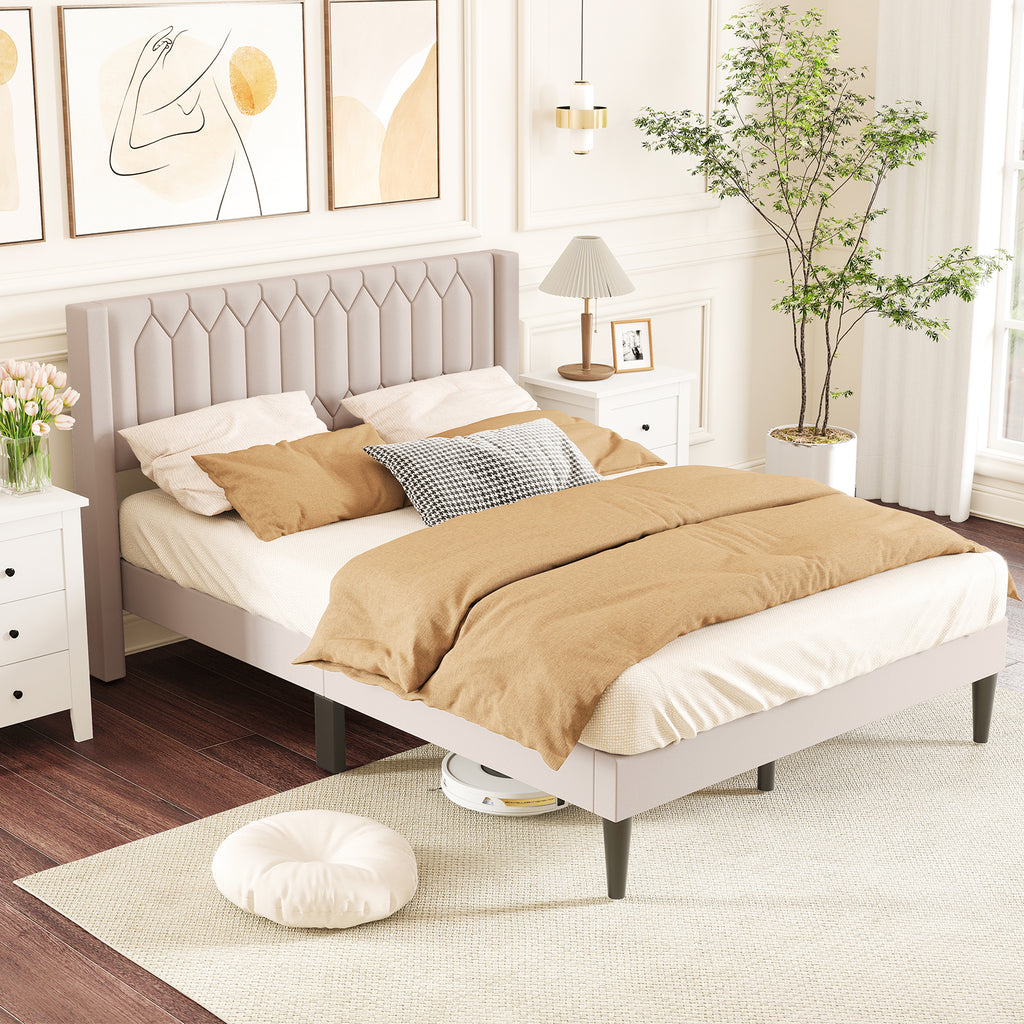 Queen Size Platform Bed with Wingback Headboard - Gray