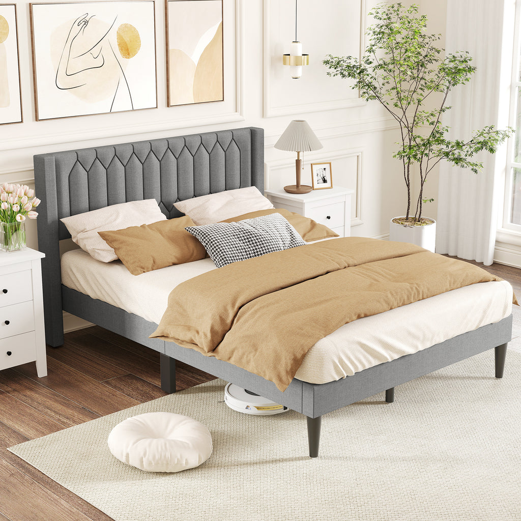 Queen Size Platform Bed with Wingback Headboard - Gray