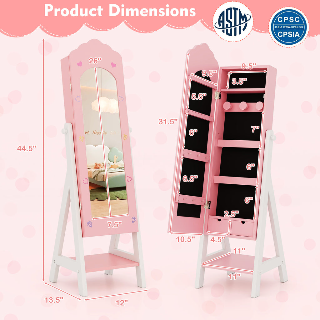 Kids Jewelry Organizer with Full-Length Mirror & Pink Cloud Design - Wall-Mount Storage