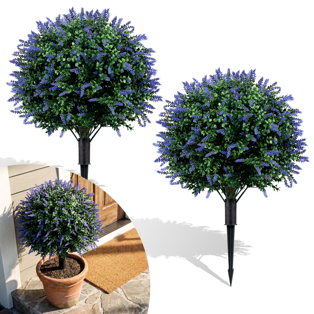Artificial Lavender Boxwood Topiary Ball Trees with Ground Spikes - 2 Pack