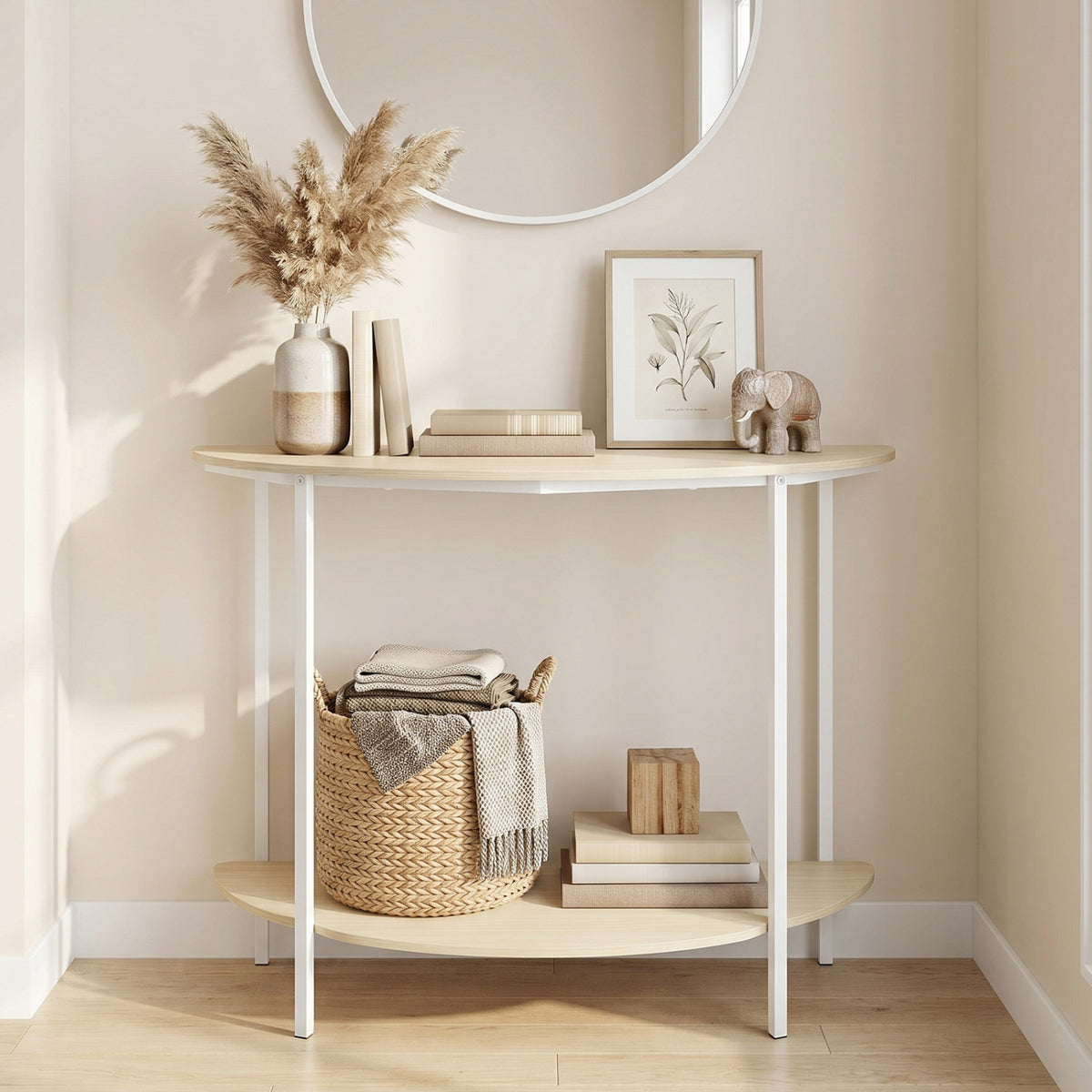 Half Moon Console Table 40 inch 2-Tier Oak Entryway