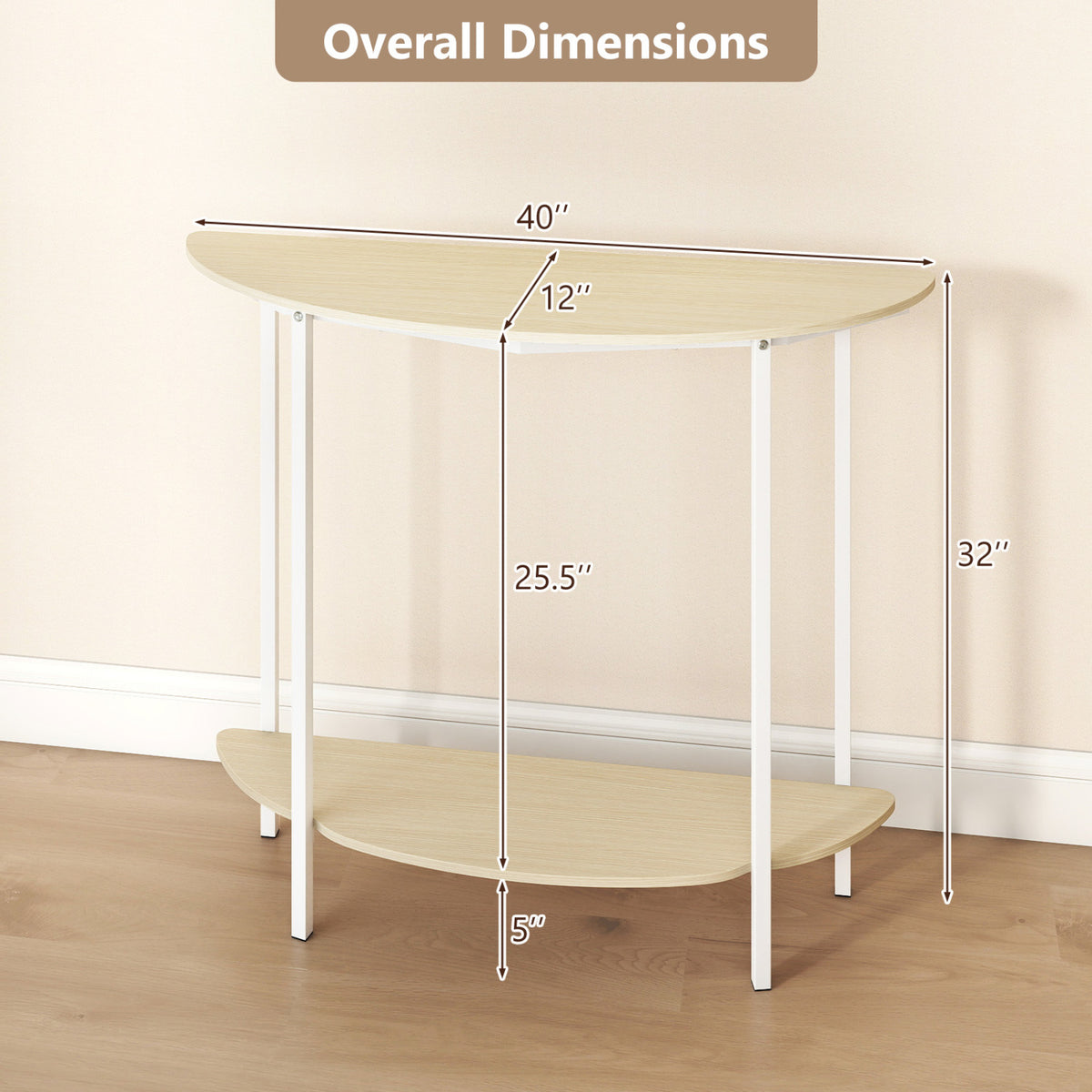 Half Moon Console Table 40 inch 2-Tier Entryway with Storage Shelf
