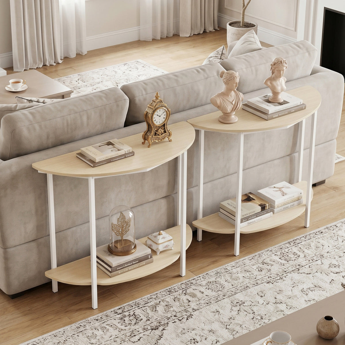 Half Moon Console Table 40 inch 2-Tier Oak Entryway