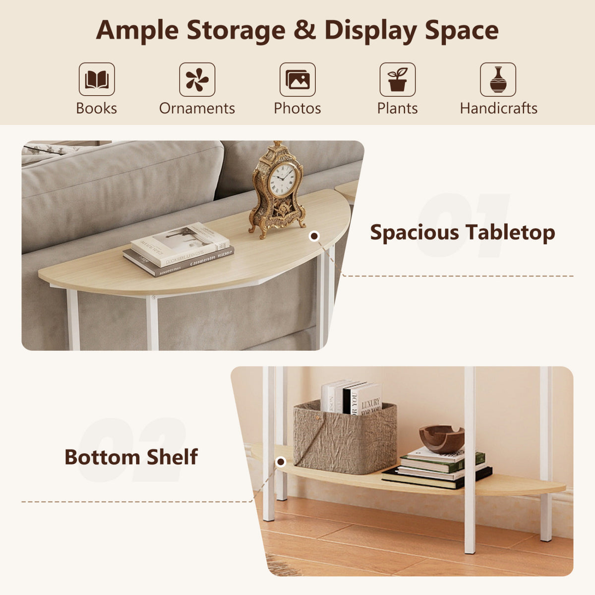 Half Moon Console Table 40 inch 2-Tier Oak Entryway