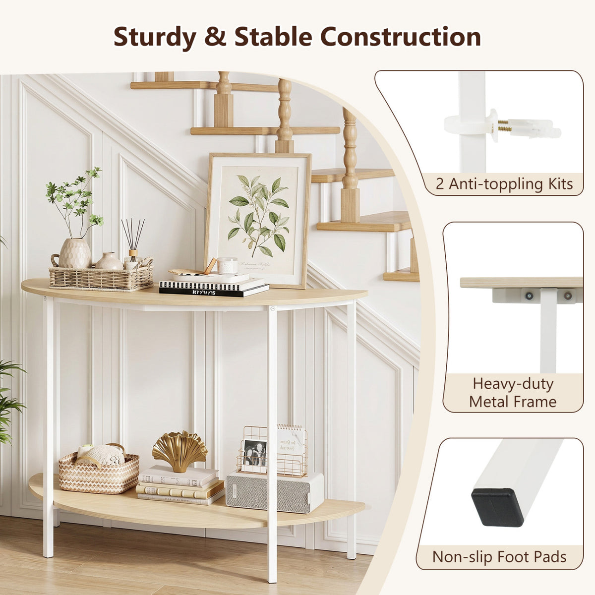 Half Moon Console Table 40 inch 2-Tier Oak Entryway