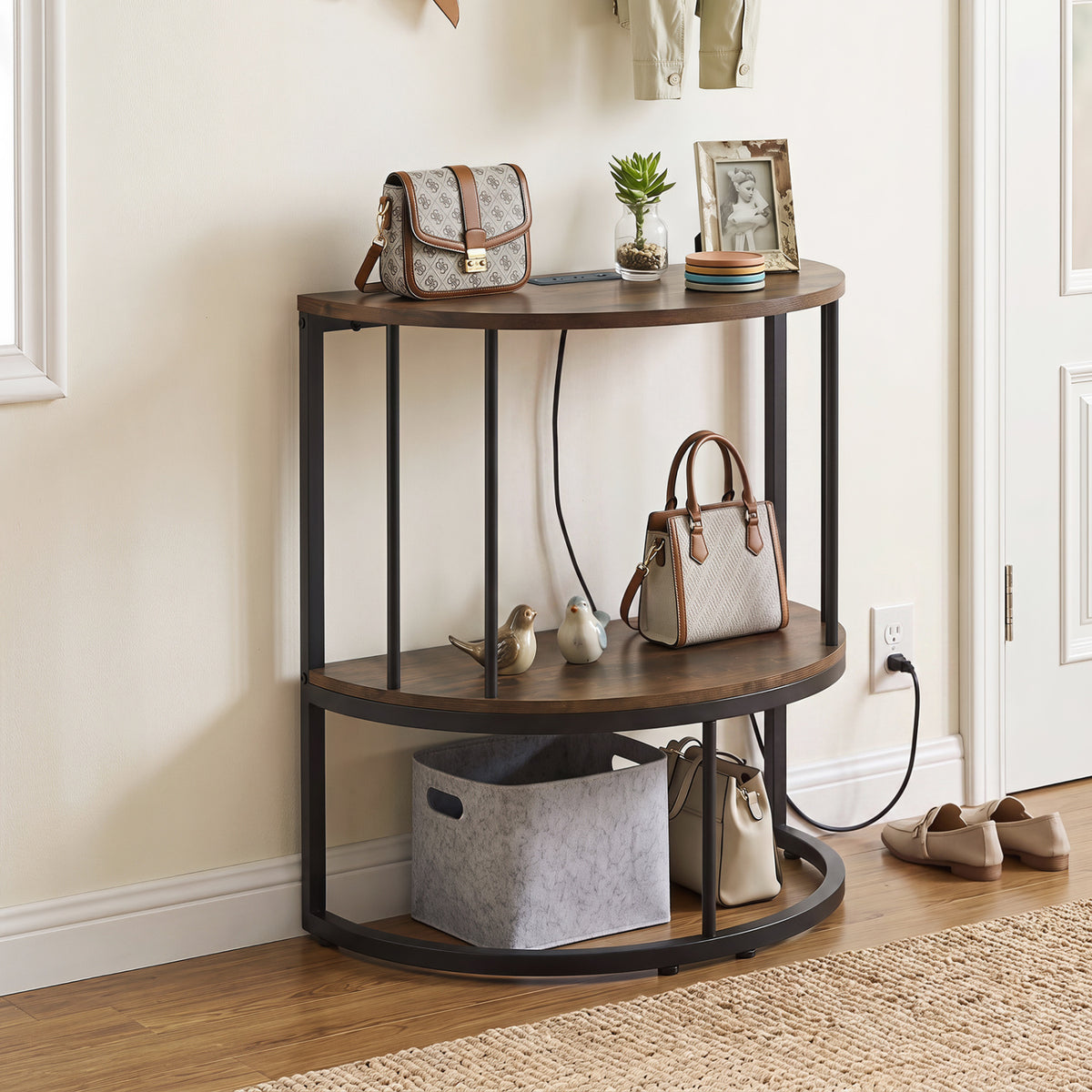 2-Tier Half Moon Console Table with Power Outlets and Storage Shel