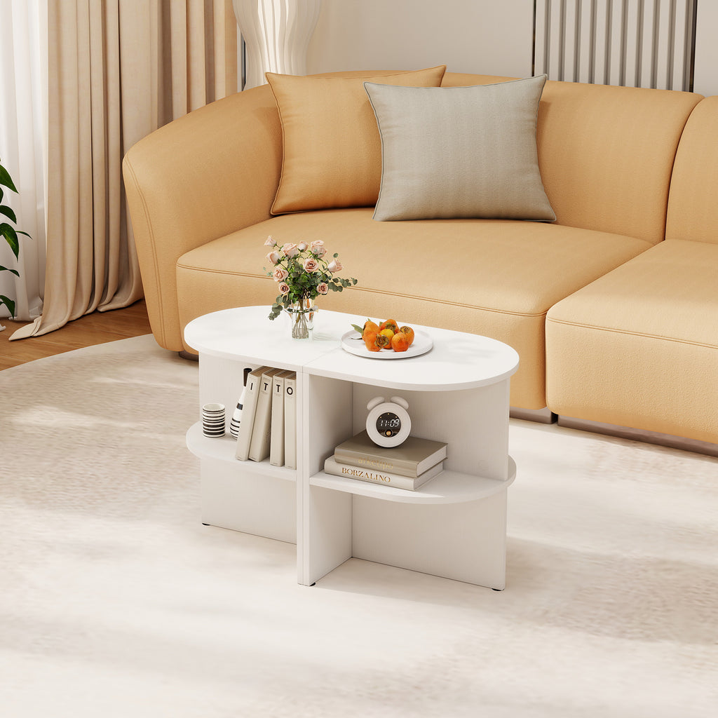 Half Round End Table with Open Shelves, White