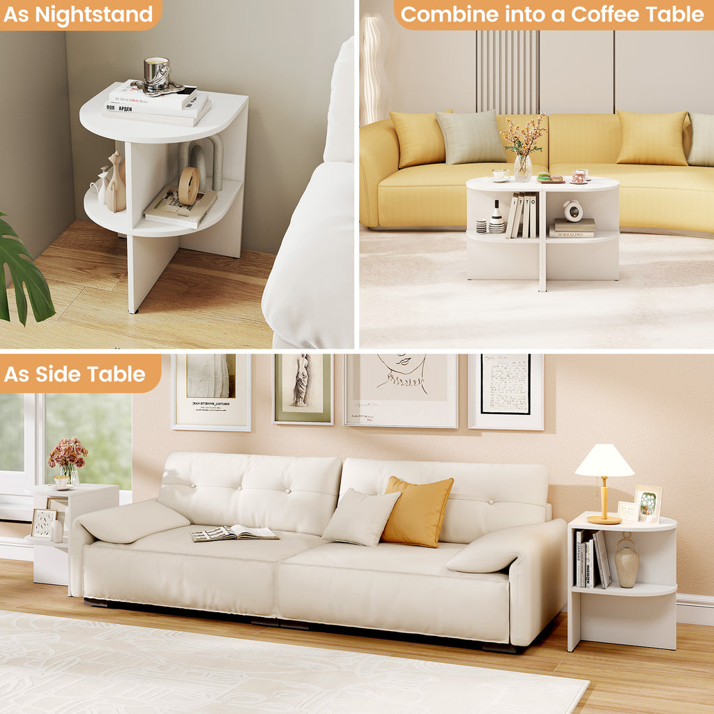 Half Round End Table with Open Shelves, White