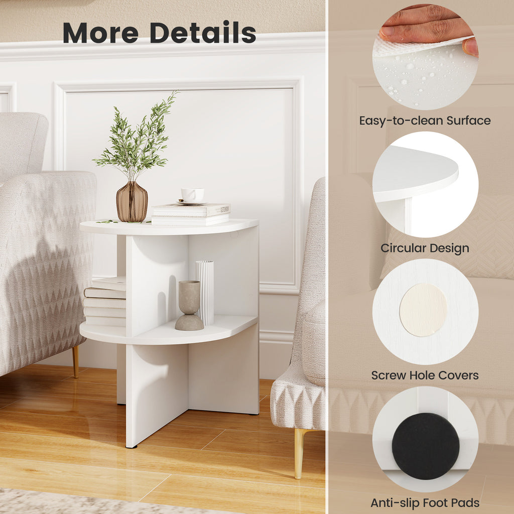 Half Round End Table with Open Shelves, White