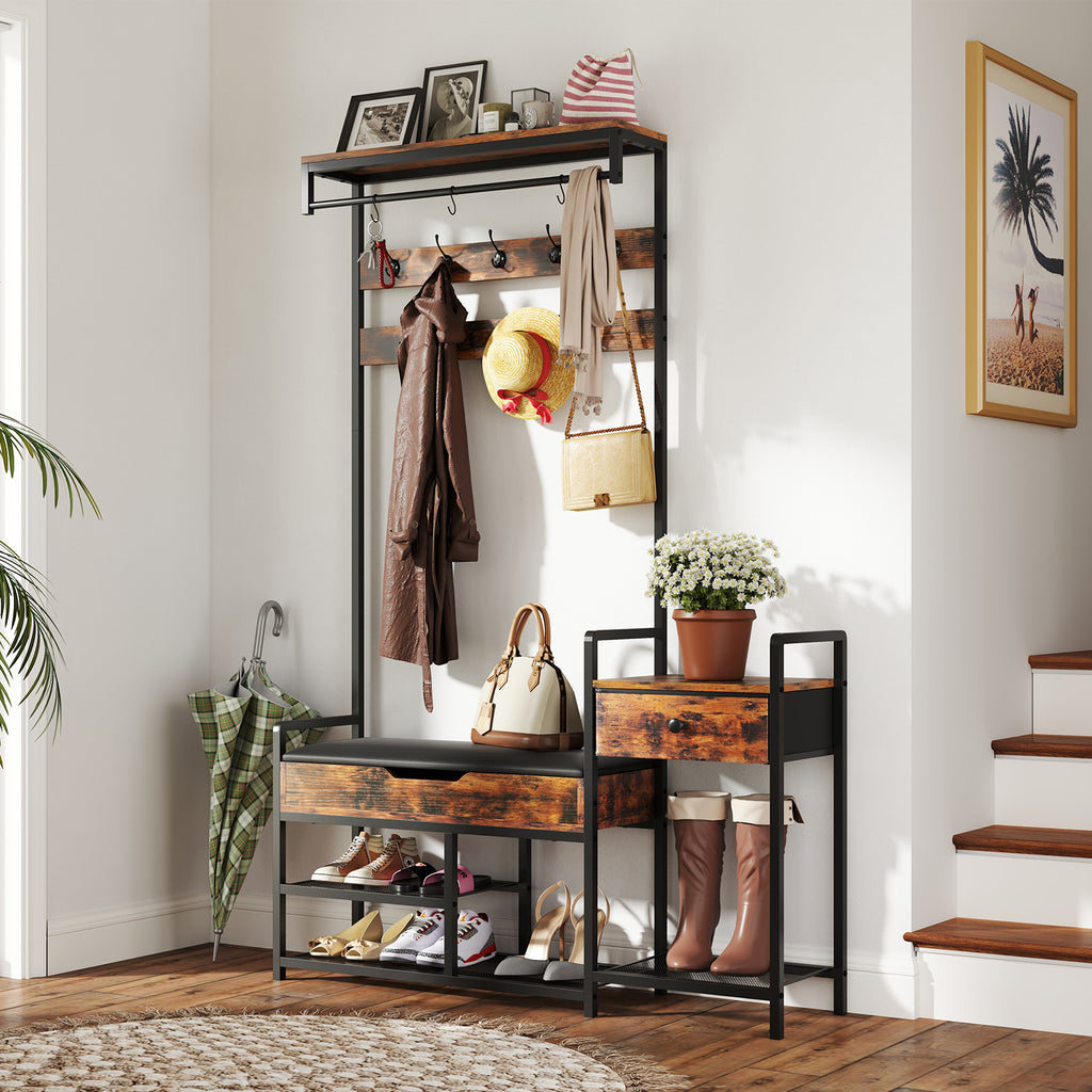 70-Inch Hall Tree with Shoe Storage Bench & Coat Rack, Rustic Brown