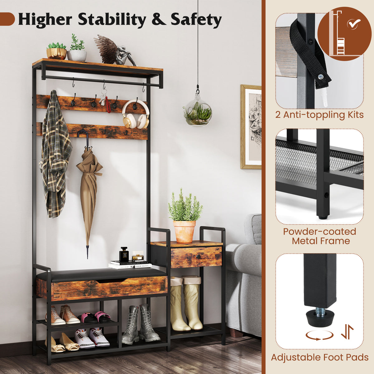 70-Inch Hall Tree with Shoe Storage Bench & Coat Rack, Rustic Brown