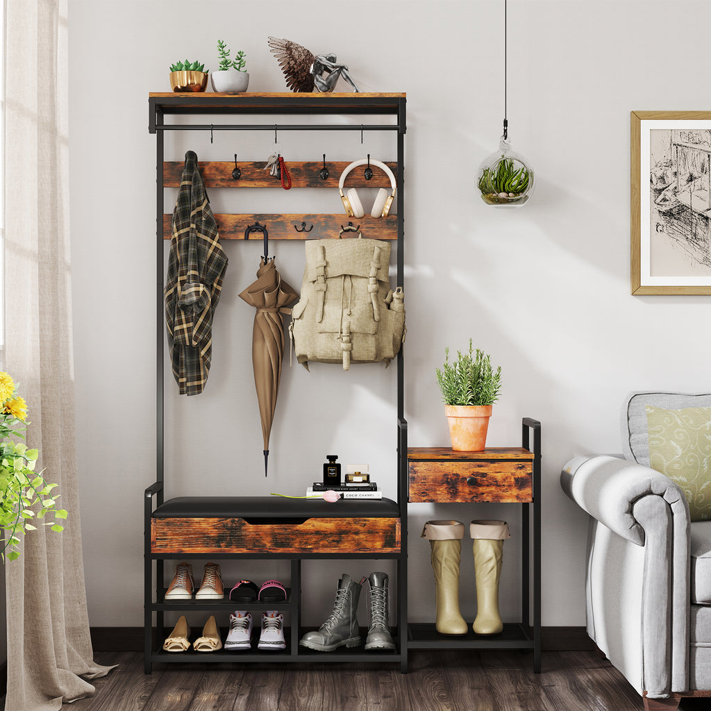70-Inch Hall Tree with Shoe Storage Bench & Coat Rack, Rustic Brown