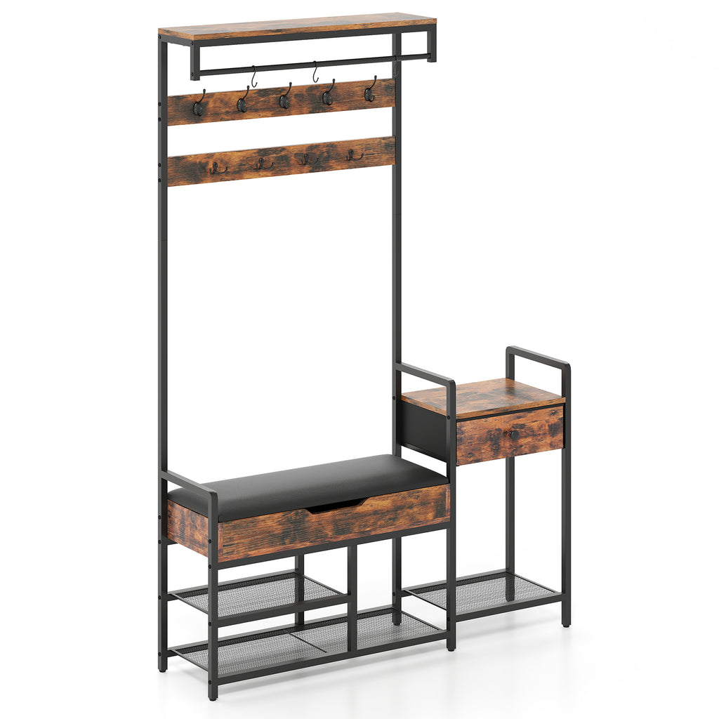 70-Inch Hall Tree with Shoe Storage Bench & Coat Rack, Rustic Brown