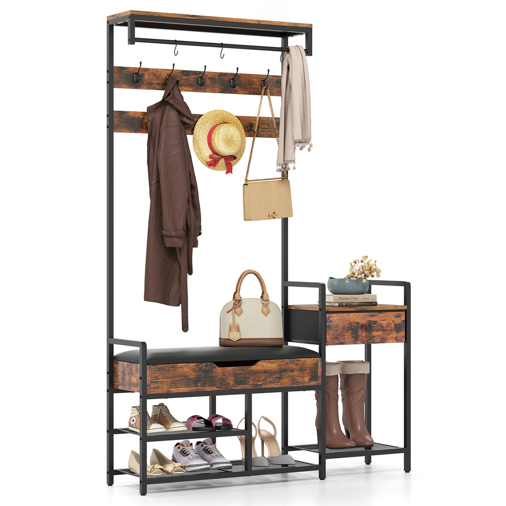70-Inch Hall Tree with Shoe Storage Bench & Coat Rack, Rustic Brown
