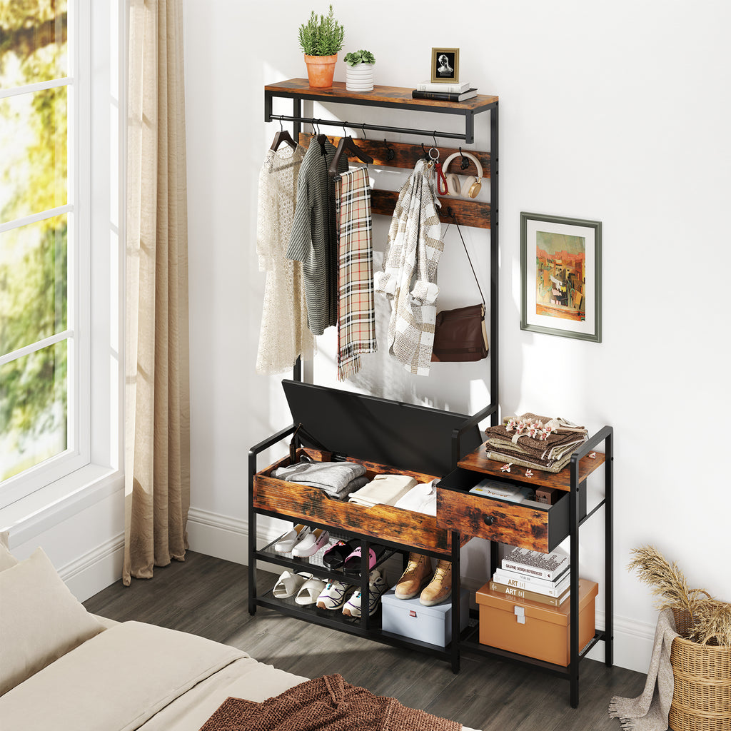70-Inch Hall Tree with Shoe Storage Bench & Coat Rack, Rustic Brown