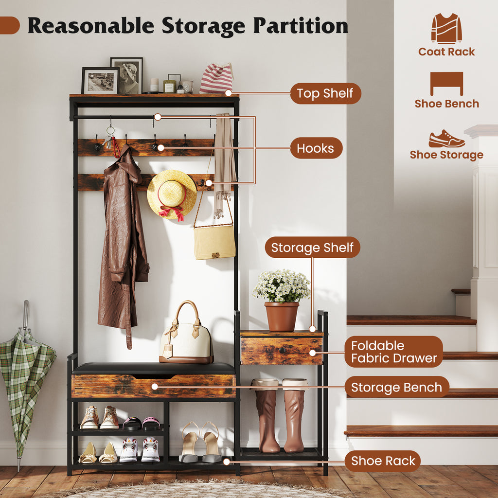 70-Inch Hall Tree with Shoe Storage Bench & Coat Rack, Rustic Brown
