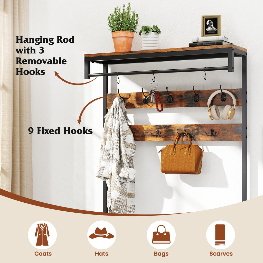 70-Inch Hall Tree with Shoe Storage Bench & Coat Rack, Rustic Brown