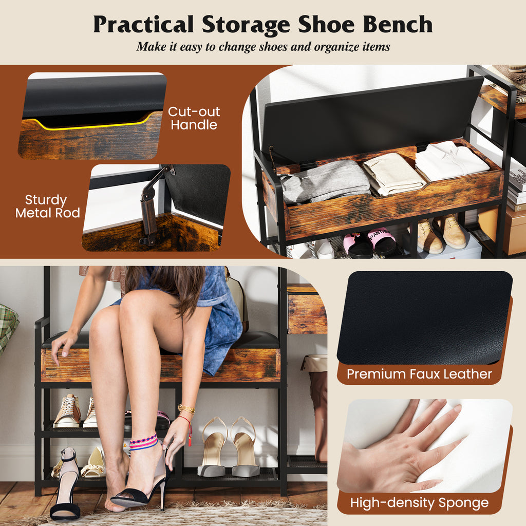 70-Inch Hall Tree with Shoe Storage Bench & Coat Rack, Rustic Brown