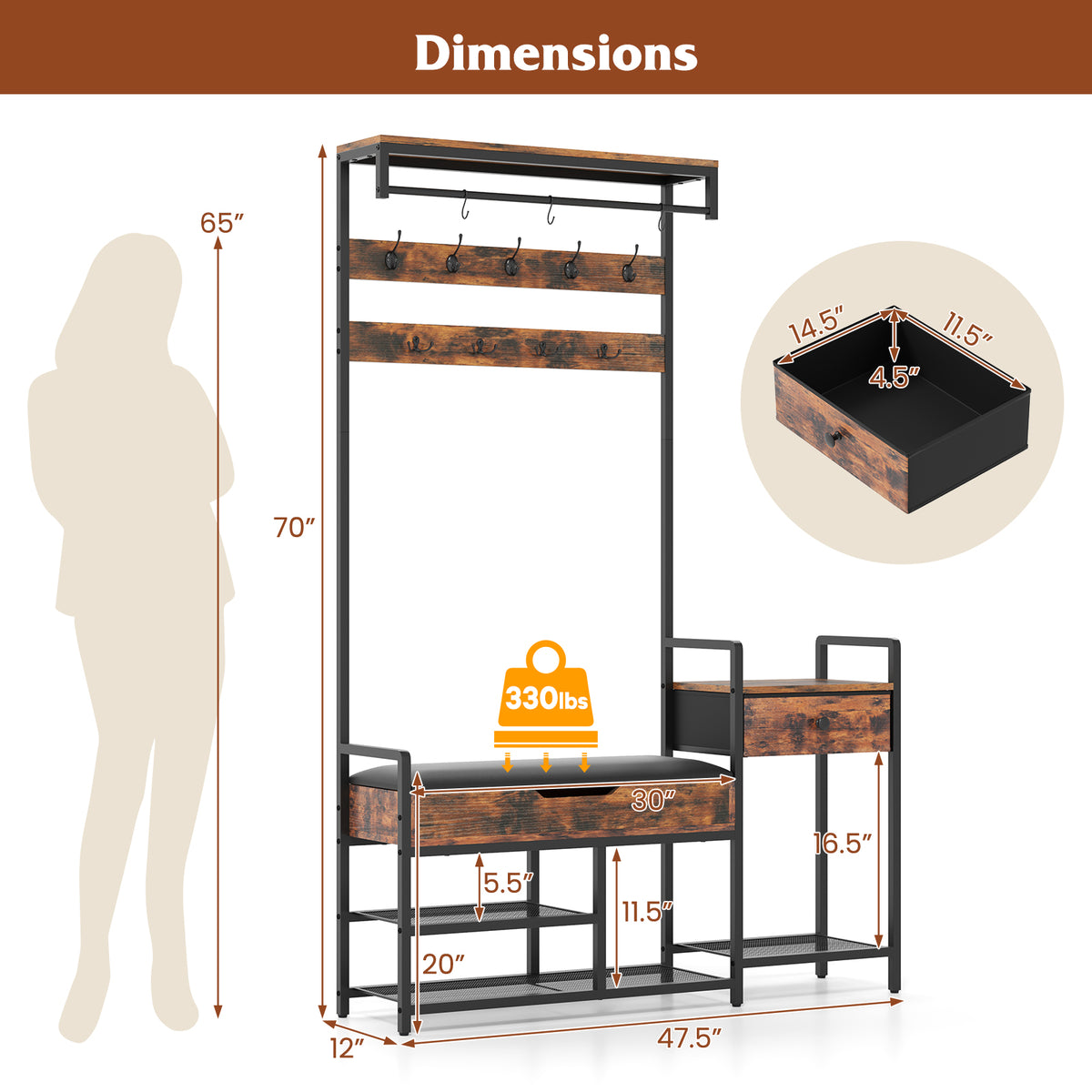 70-Inch Hall Tree with Shoe Storage Bench & Coat Rack, Rustic Brown