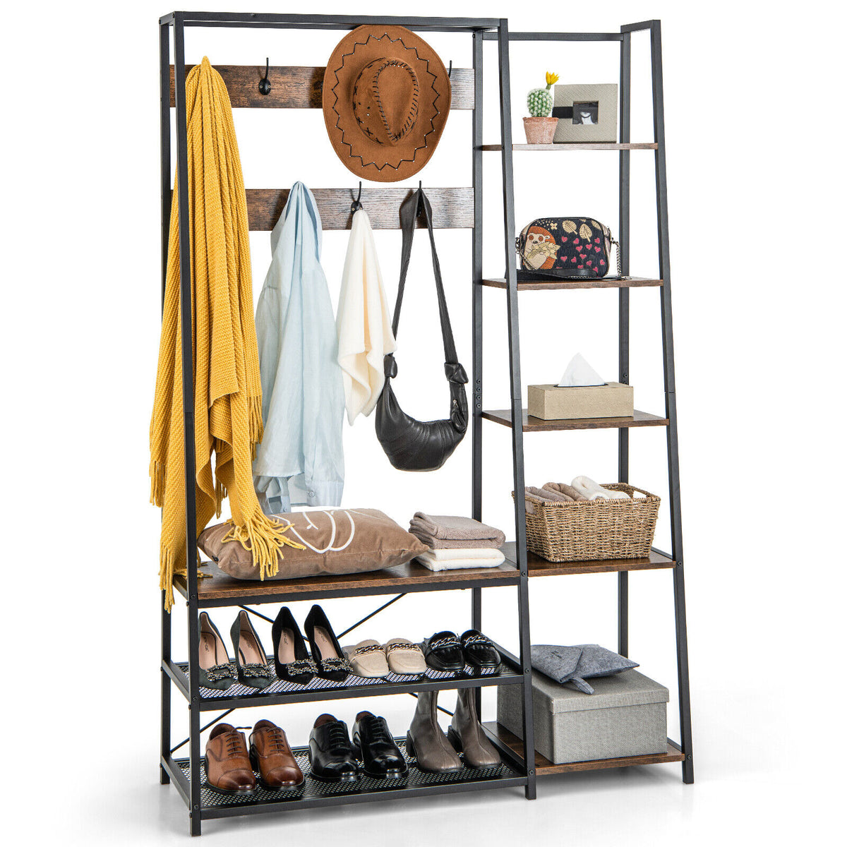 5-in-1 Hall Tree with Storage Bench, 9 Hooks, Rustic Brown