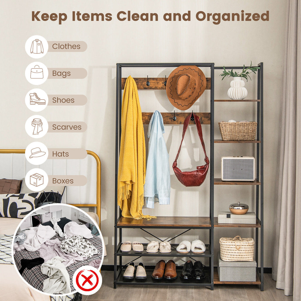 5-in-1 Hall Tree with Storage Bench, 9 Hooks, Rustic Brown