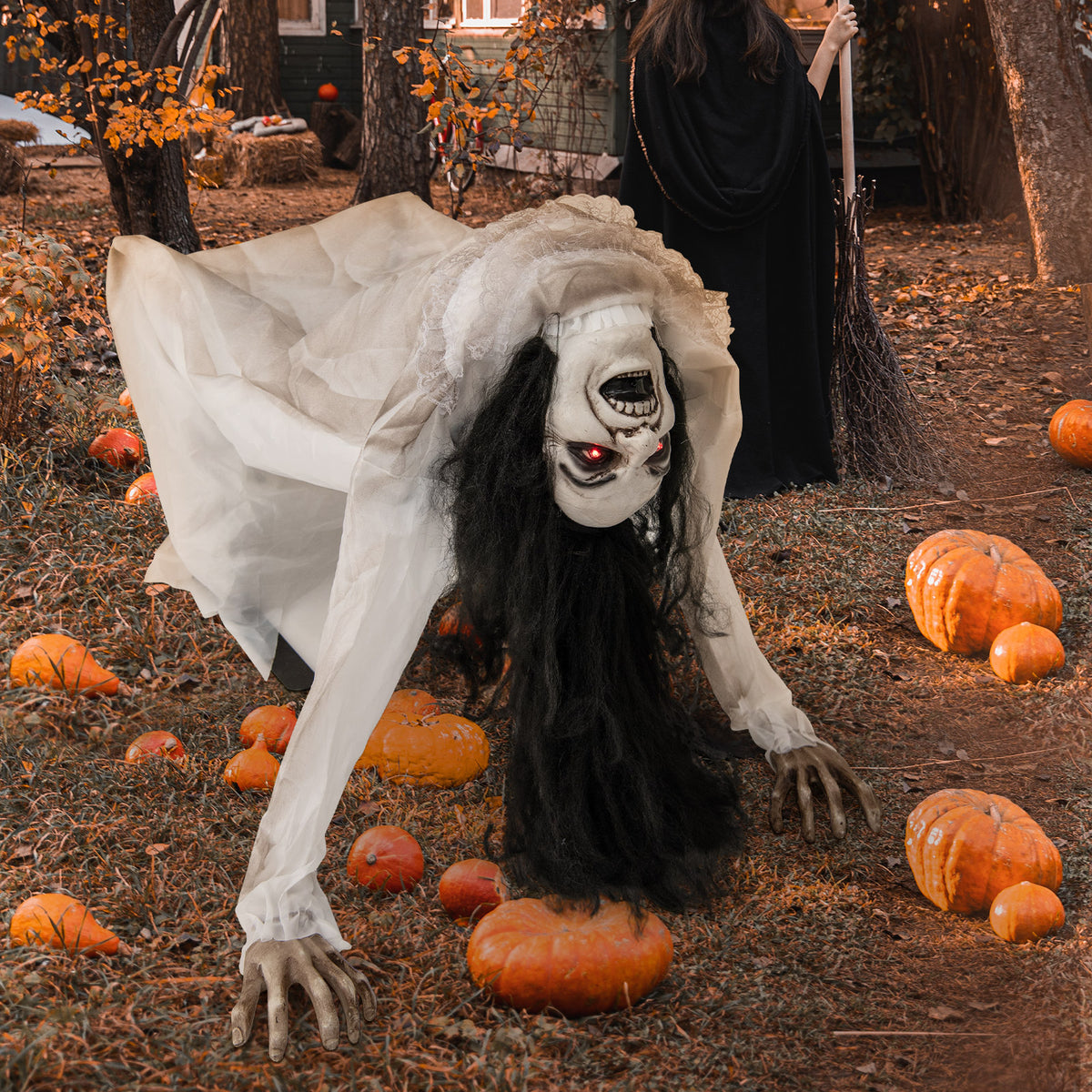 Halloween Animatronic Crawling Woman Ghost with LED Eyes & Voice Activation - Costway