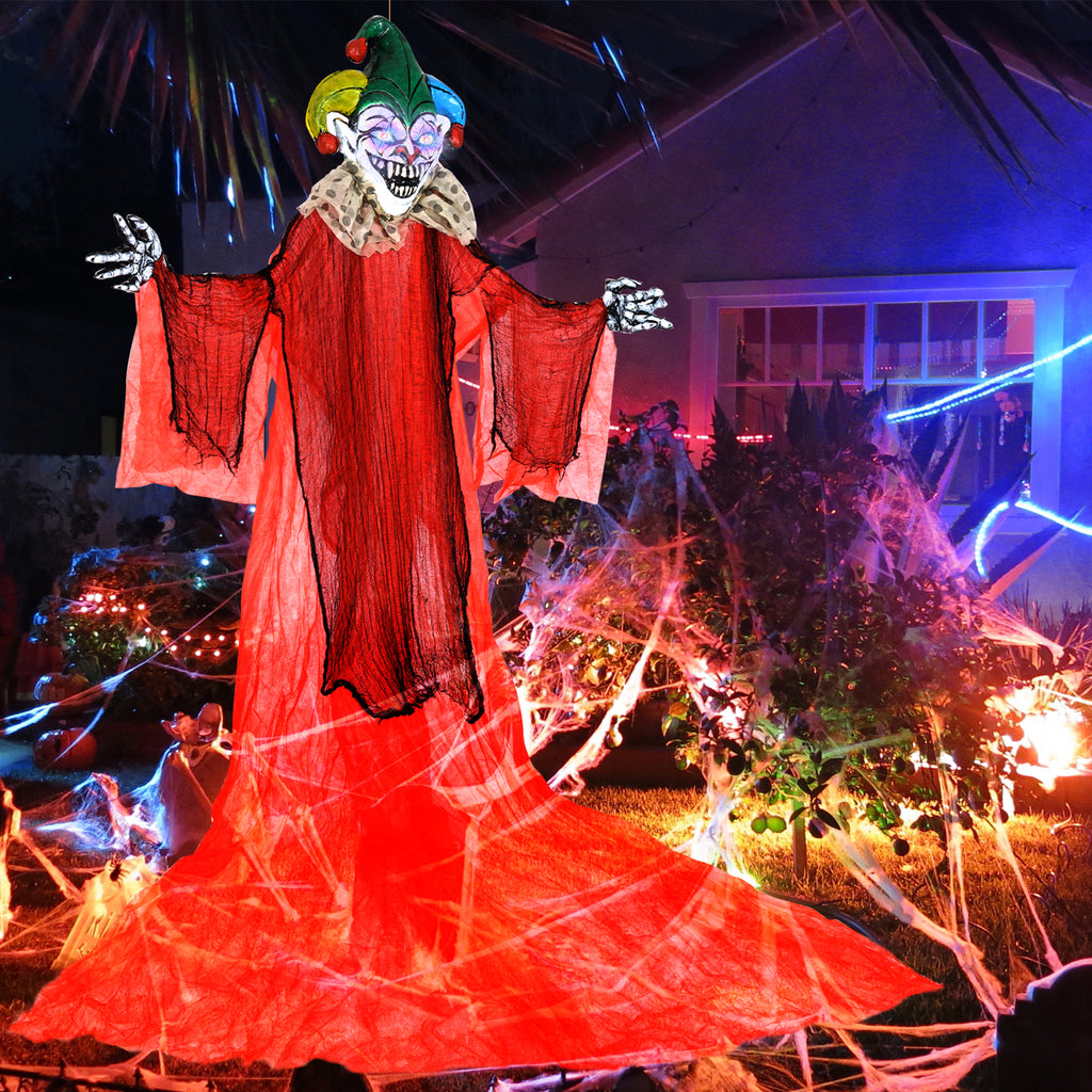 Halloween Hanging Clown with Wings and Lighted Colorful Eyes - 13.1ft Large Decor, Adjustable Arms, Spooky Effect - Variation: Clown