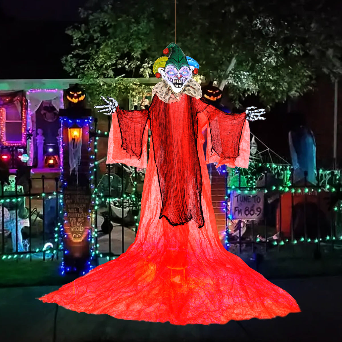 Halloween Hanging Clown with Wings and Lighted Colorful Eyes - 13.1ft Large Decor, Adjustable Arms, Spooky Effect - Variation: Clown