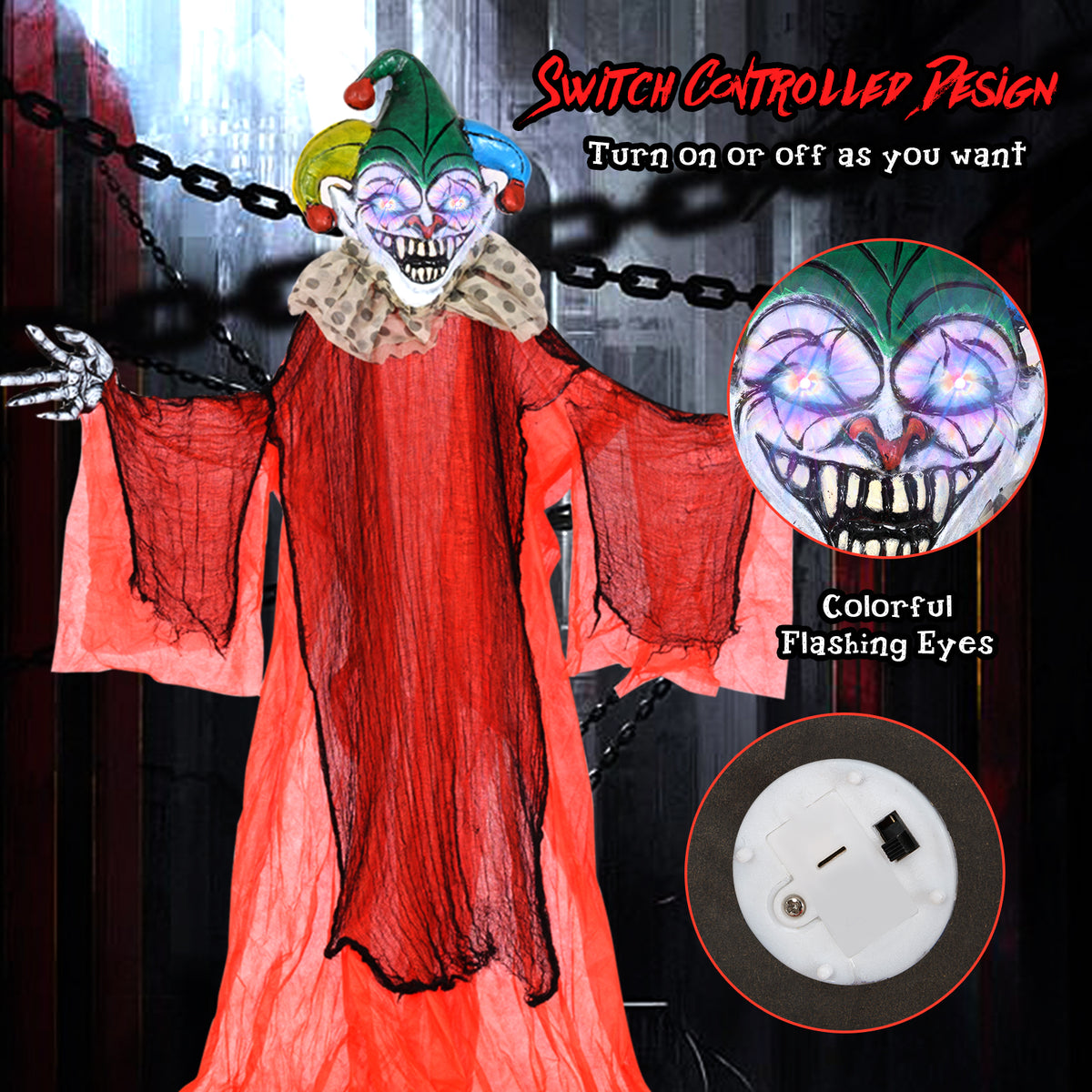 Halloween Hanging Clown with Wings and Lighted Colorful Eyes - 13.1ft Large Decor, Adjustable Arms, Spooky Effect - Variation: Clown