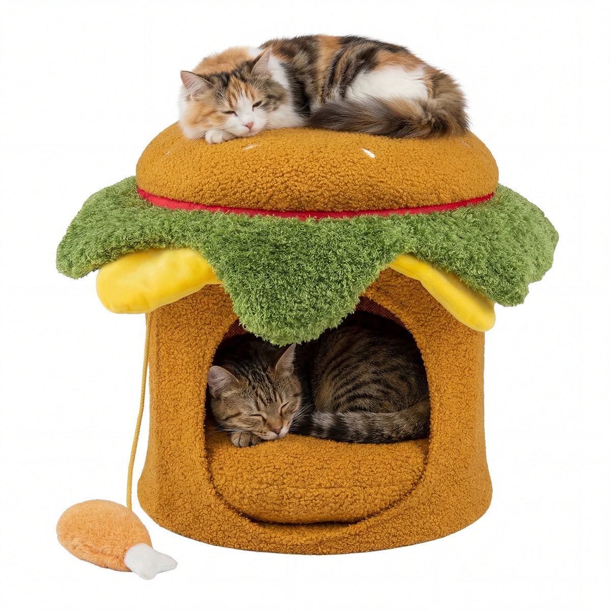 Yellow Hamburger Cat Nest with Chicken Drumstick Toy & Removable Cushion - Indoor Cat Bed & Play Hideaway