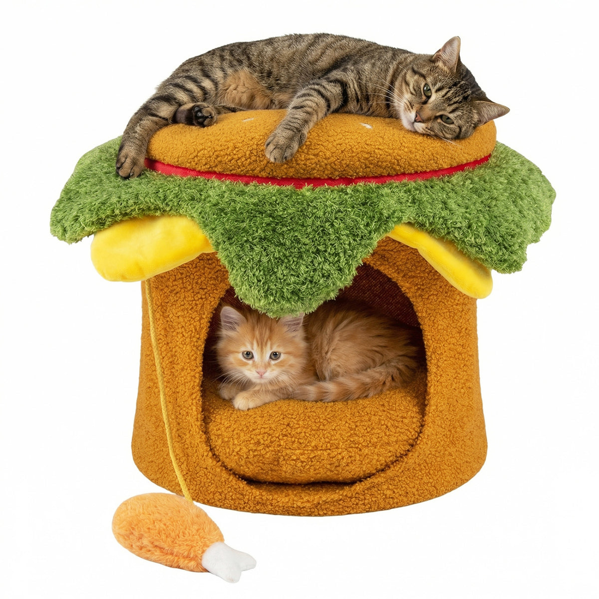 Yellow Hamburger Cat Nest with Chicken Drumstick Toy & Removable Cushion - Indoor Cat Bed & Play Hideaway