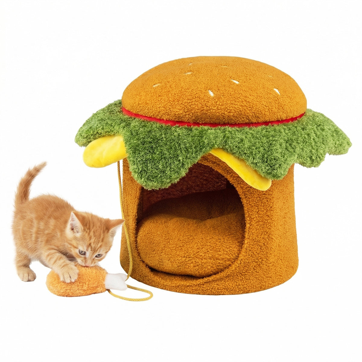 Yellow Hamburger Cat Nest with Chicken Drumstick Toy & Removable Cushion - Indoor Cat Bed & Play Hideaway
