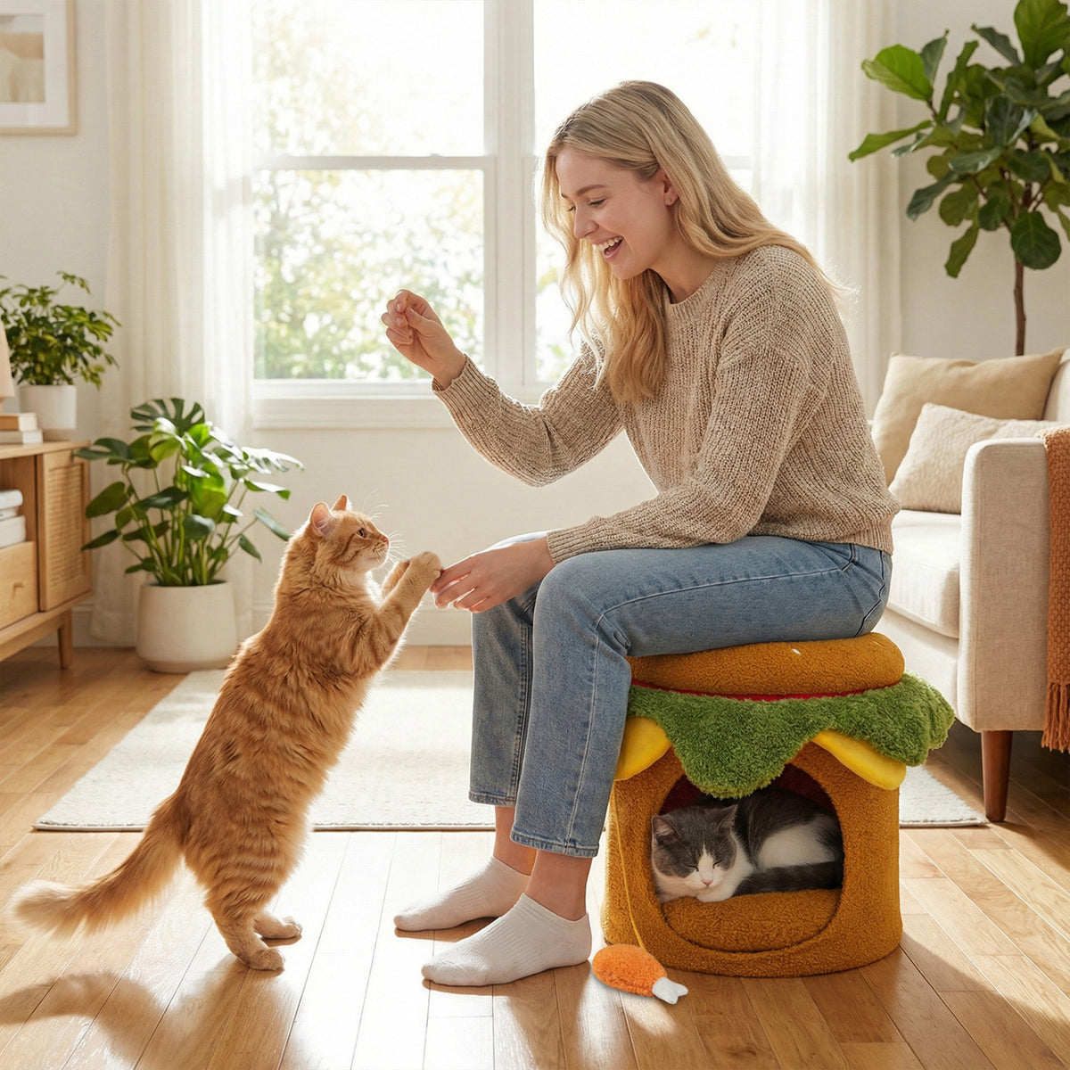 Yellow Hamburger Cat Nest with Chicken Drumstick Toy & Removable Cushion - Indoor Cat Bed & Play Hideaway