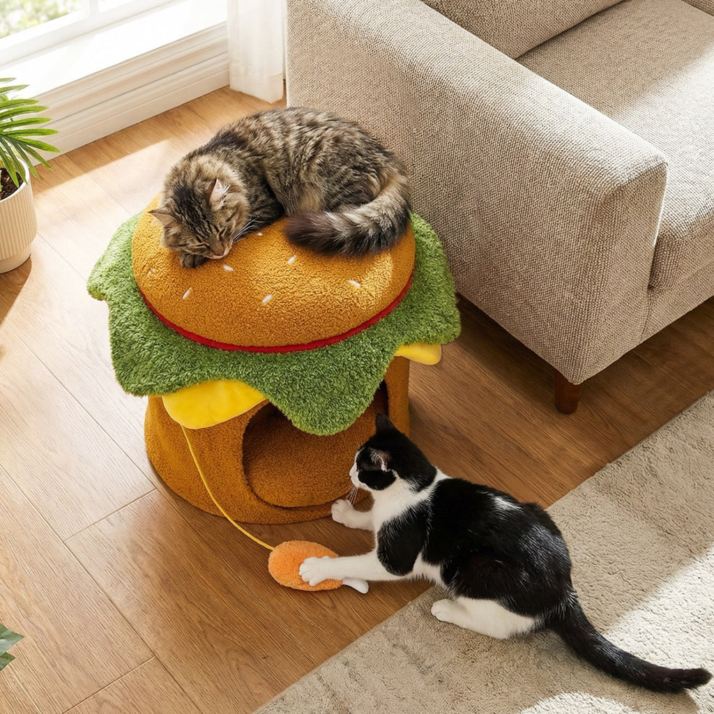 Yellow Hamburger Cat Nest with Chicken Drumstick Toy & Removable Cushion - Indoor Cat Bed & Play Hideaway