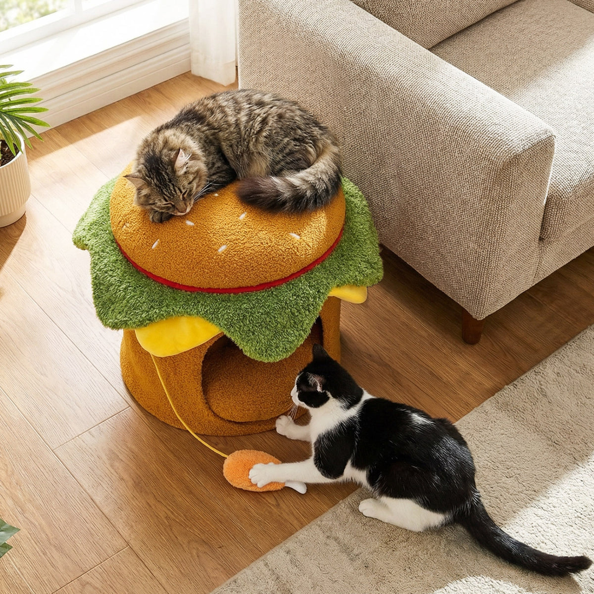 Yellow Hamburger Cat Nest with Chicken Drumstick Toy & Removable Cushion - Indoor Cat Bed & Play Hideaway