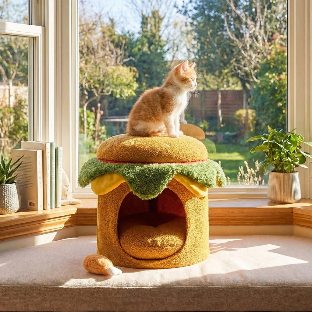 Yellow Hamburger Cat Nest with Chicken Drumstick Toy & Removable Cushion - Indoor Cat Bed & Play Hideaway