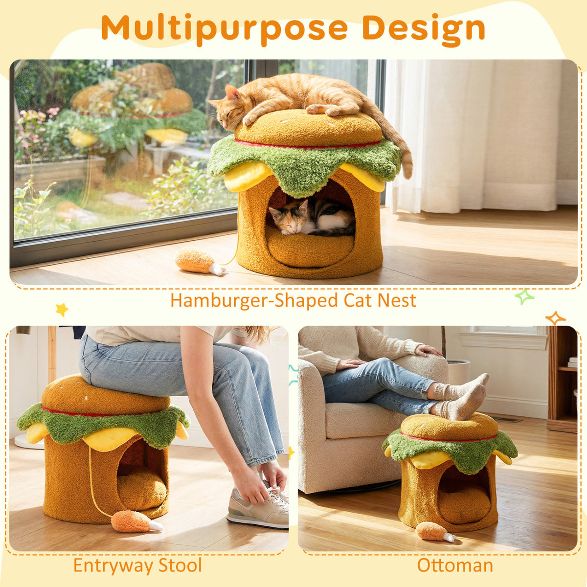 Yellow Hamburger Cat Nest with Chicken Drumstick Toy & Removable Cushion - Indoor Cat Bed & Play Hideaway