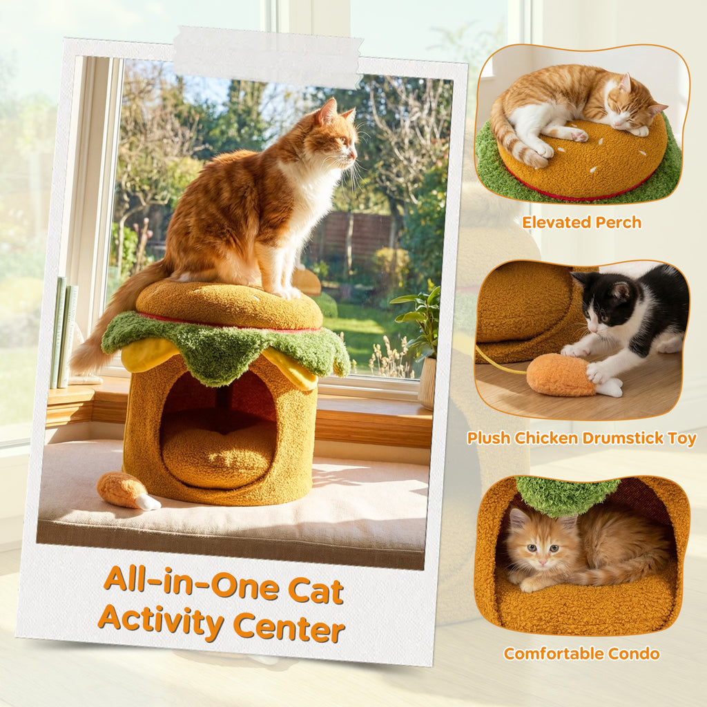 Yellow Hamburger Cat Nest with Chicken Drumstick Toy & Removable Cushion - Indoor Cat Bed & Play Hideaway