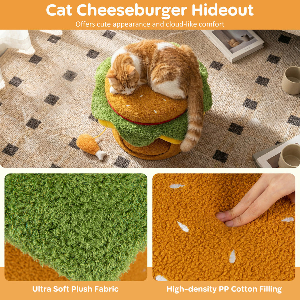 Yellow Hamburger Cat Nest with Chicken Drumstick Toy & Removable Cushion - Indoor Cat Bed & Play Hideaway