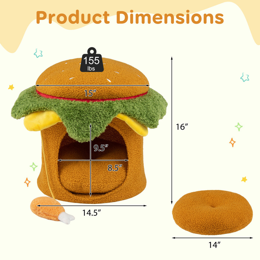 Yellow Hamburger Cat Nest with Chicken Drumstick Toy & Removable Cushion - Indoor Cat Bed & Play Hideaway