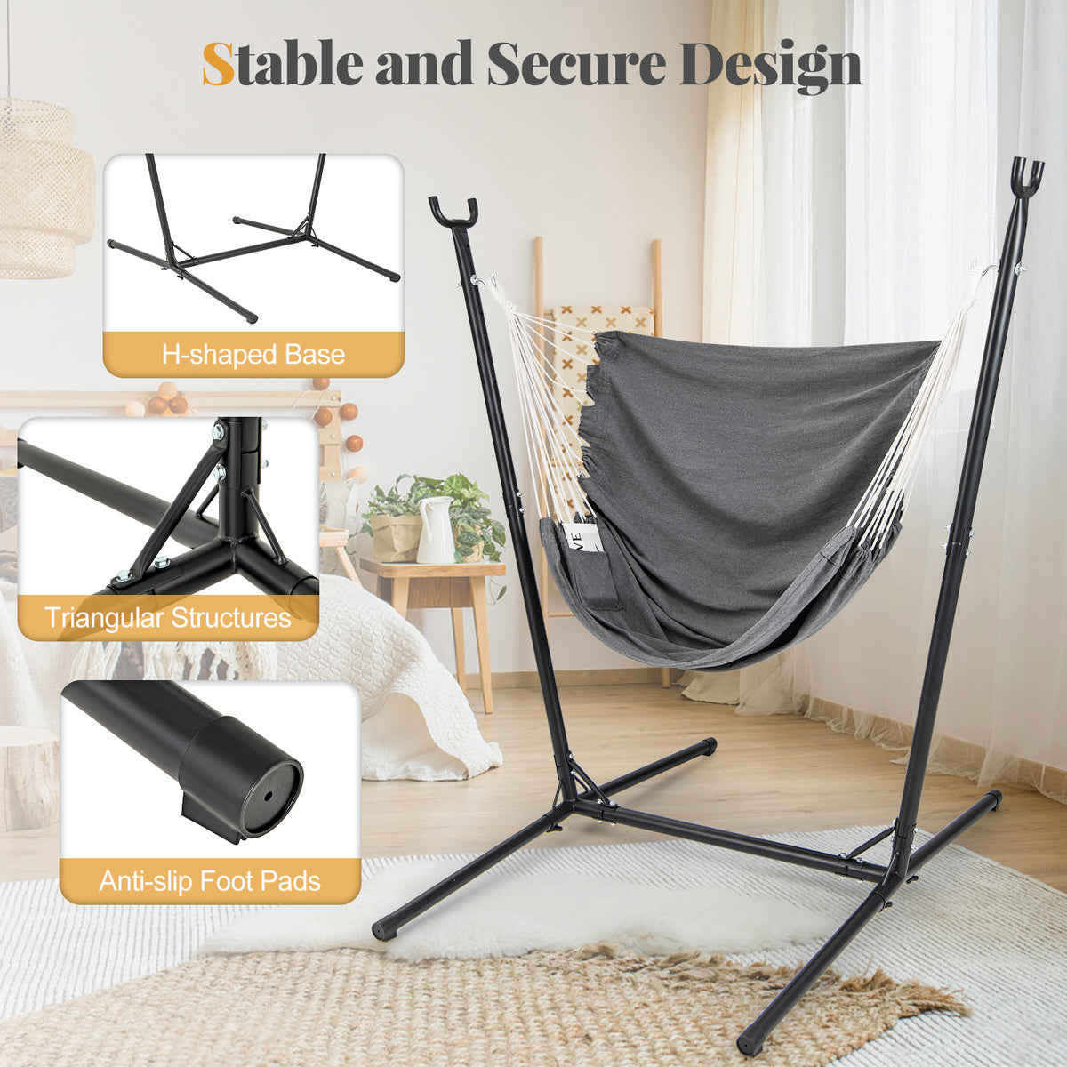 Hammock Chair with Stand 6-Position Adjustable Height and Side Pocket